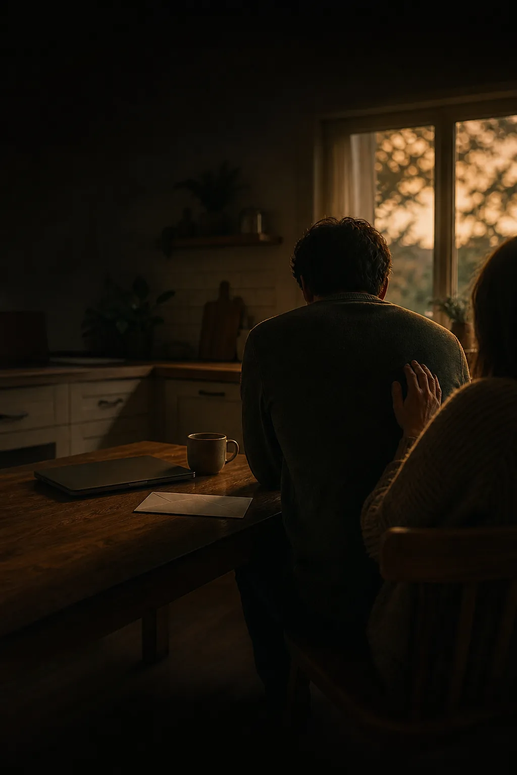 Two partners sharing a quiet moment at a kitchen table after difficult news